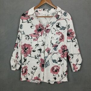 Emily Daniels Blouse Top Womens Large White Floral Roll Tab Sleeve Button Front